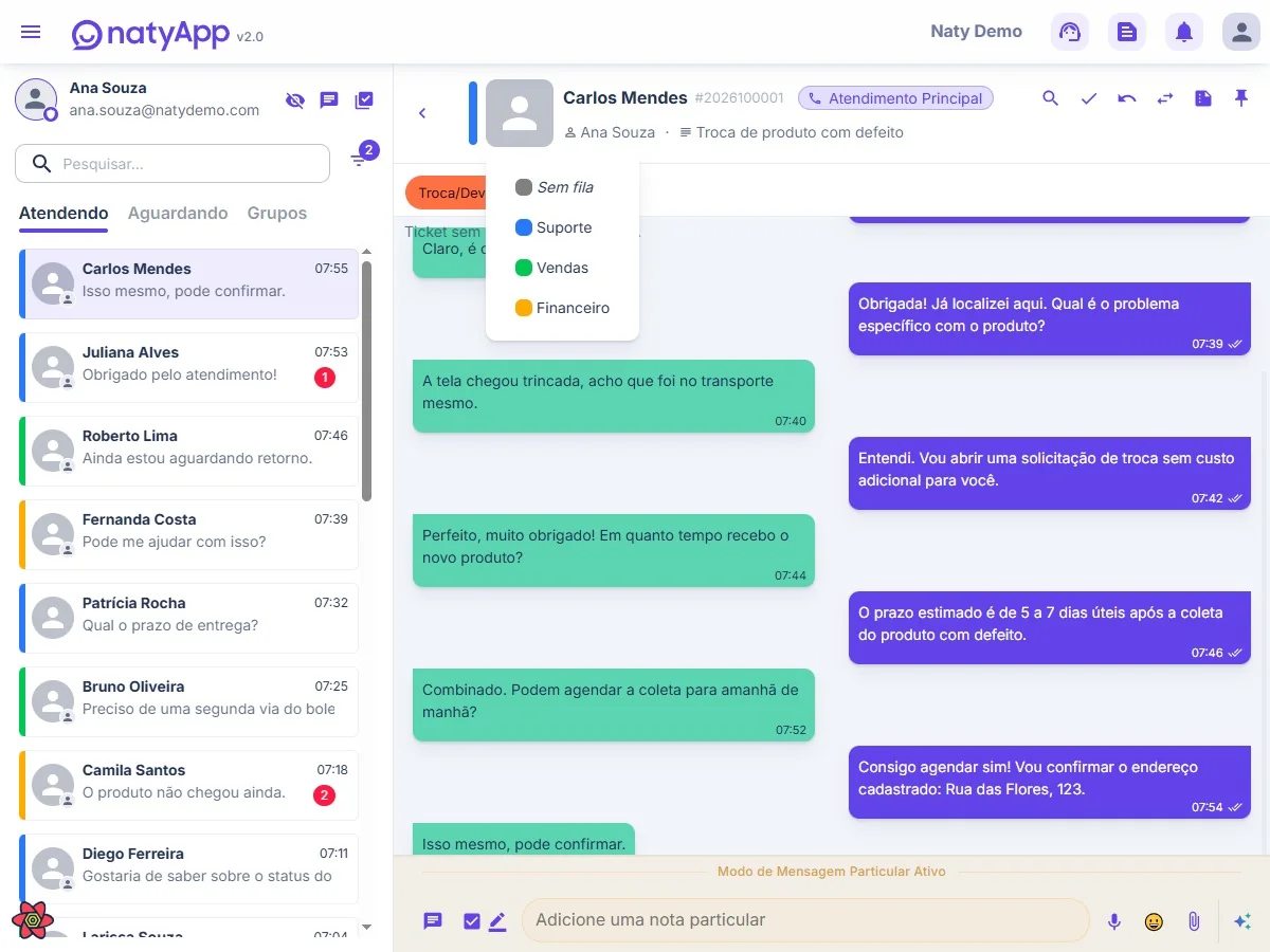 Tela de atendimento da natyApp com o seletor de fila aberto, mostrando Suporte, Vendas e Financeiro, e a barra inferior em modo de nota interna.